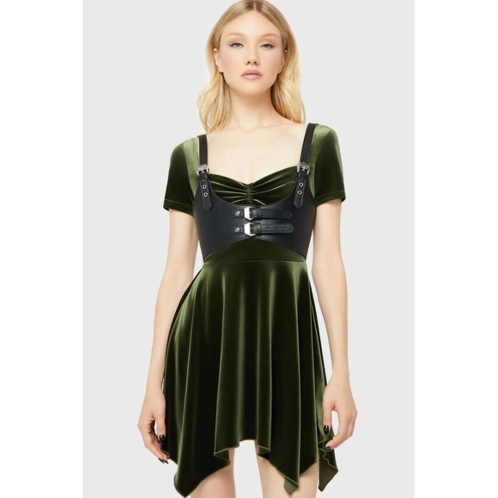 Killstar Auralift Olive Green Velvet Skater Dress Handkerchief Hem Extra Large